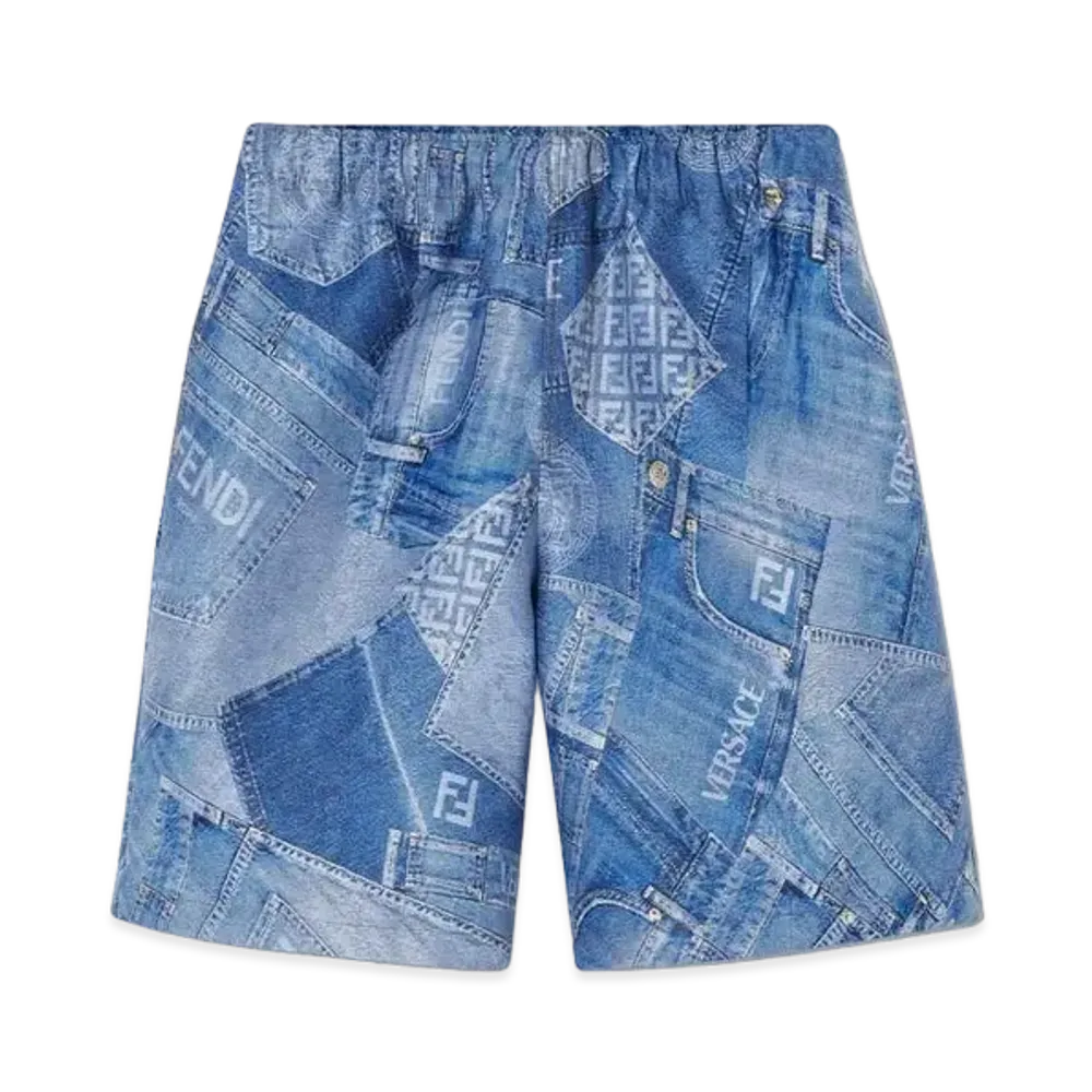 FENDI x Versace Fendace Denim Patchwork Jacquard Shorts "Blue"