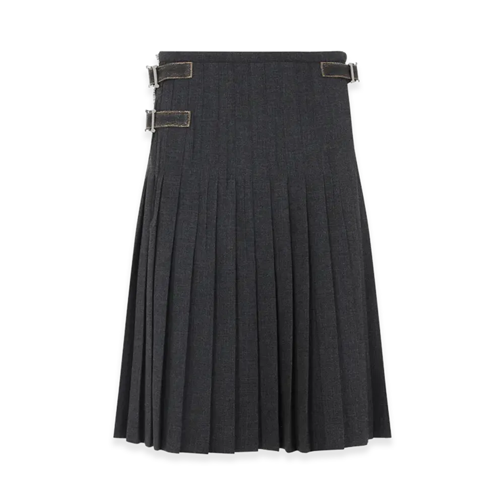 PRADA Women's Buckle-Fastening Pleated Wool Midi Skirt "Grey"