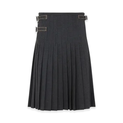 PRADA Women's Buckle-Fastening Pleated Wool Midi Skirt "Grey"