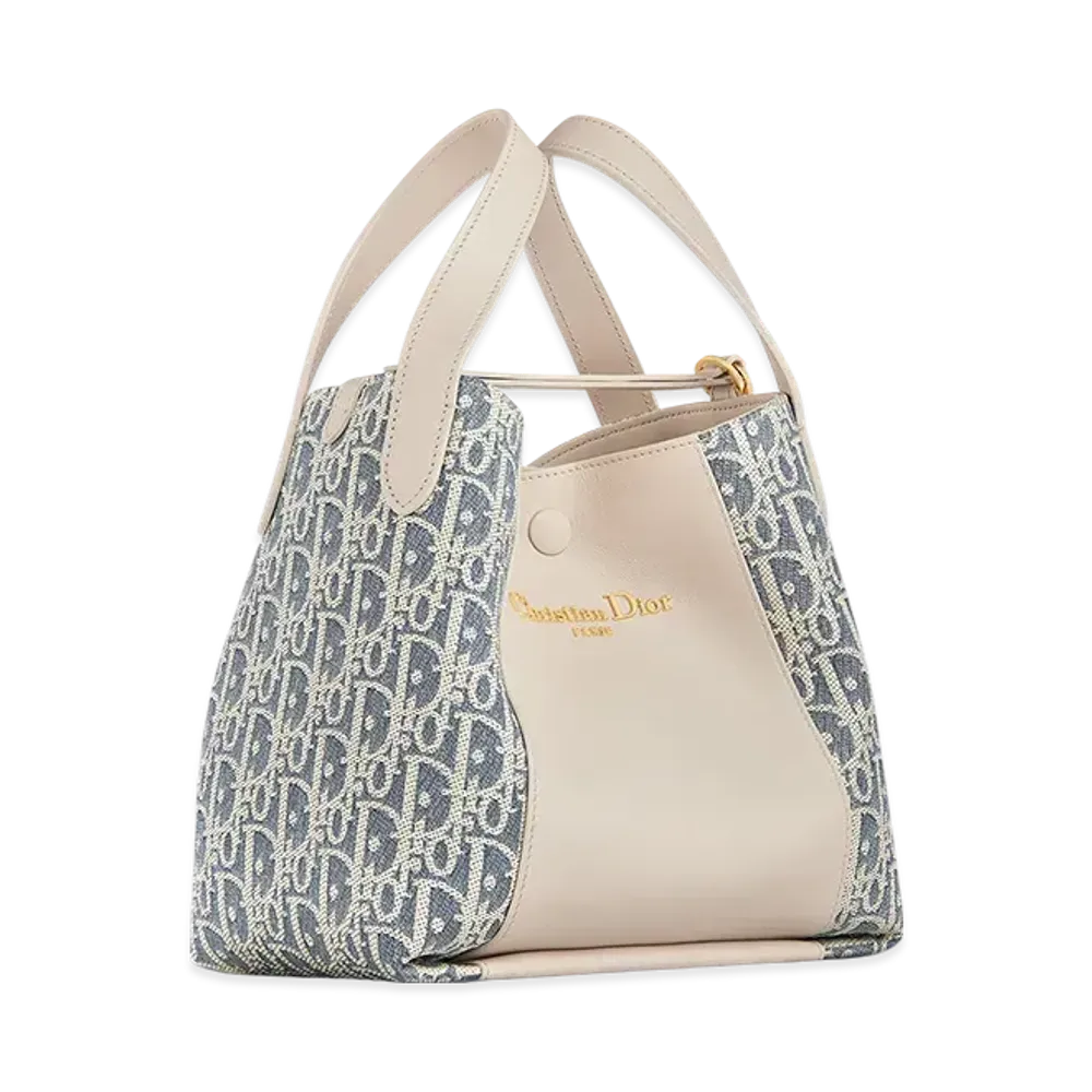 Dior Small Signature Bucket Bag Dior Oblique Chambray with Raffia Effect and Smooth Calfskin "Blue/Light Biscuit"