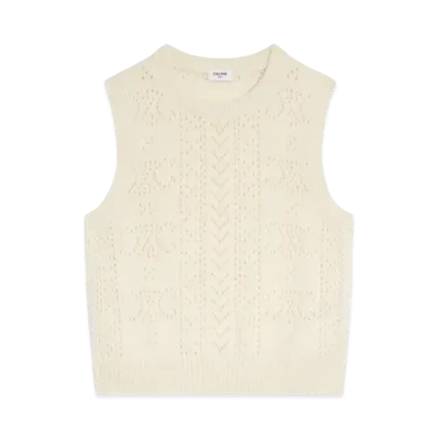 CELINE Women's Crew Neck Sweater in Pointelle Cashmere "Off White"