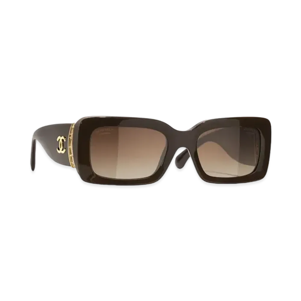 CHANEL Rectangle Sunglasses Acetate & Metal "Dark Taupe Lenses/Brown/Polarized/Gradient"
