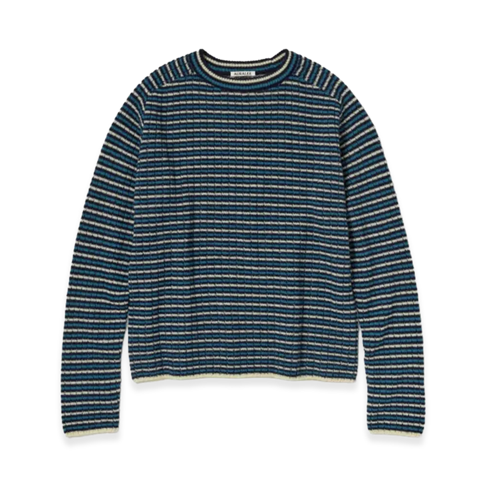 AURALEE Shetland Wool Cashmere Rib Knit P/O "Navy Stripe"