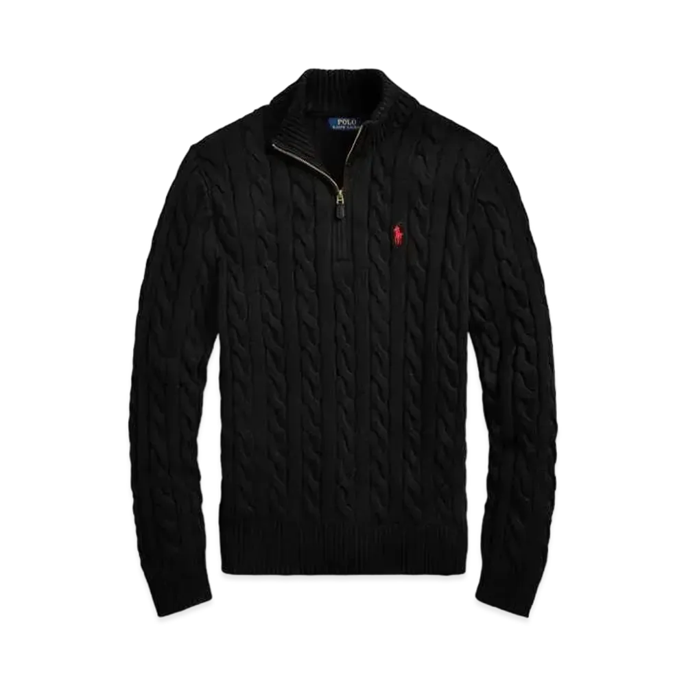 Polo Ralph Lauren Cable-Knit Cotton Quarter-Zip Sweater "Black"