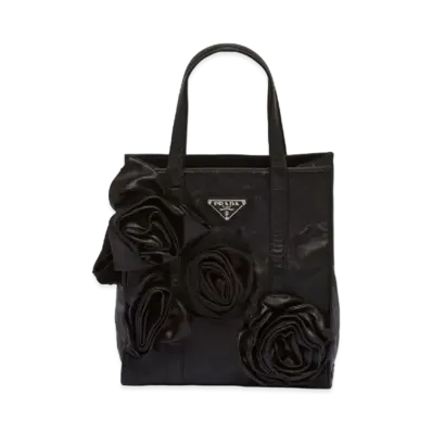 PRADA Antique Nappa Leather Mini Tote Bag with Flowers "Black"