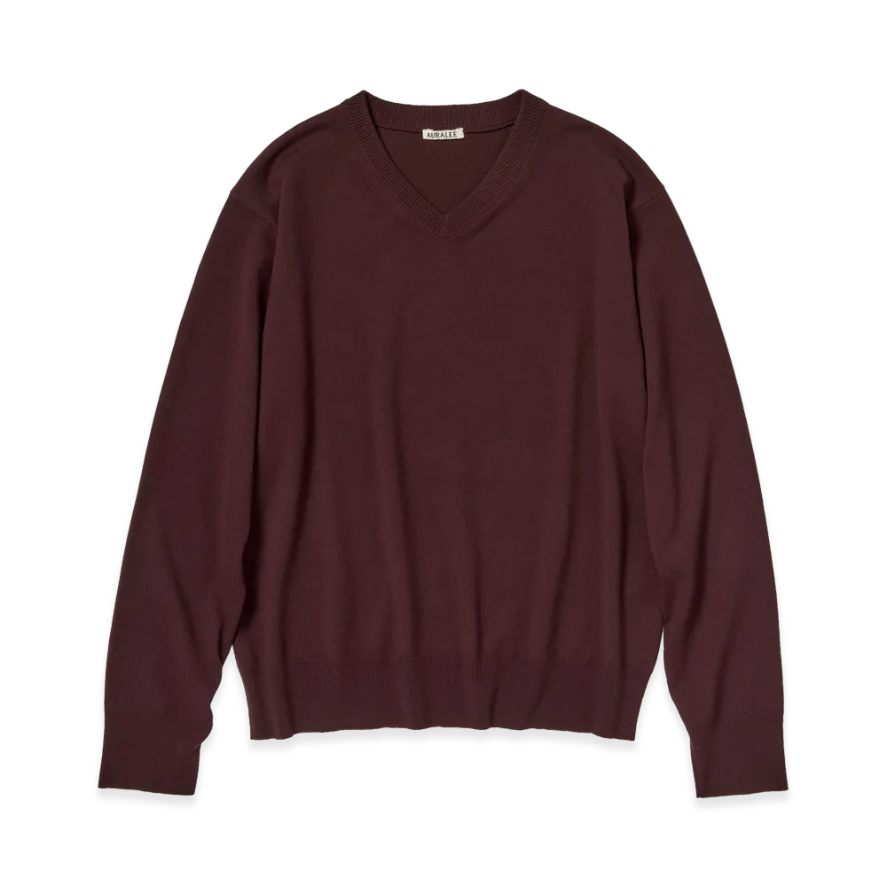 AURALEE High Twist Wool Knit V-Neck P/O "Red Brown"
