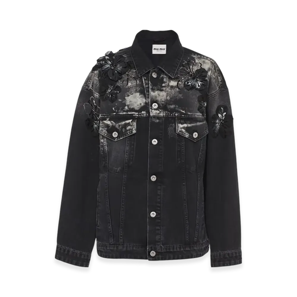 MIU MIU Women's Embroidered Denim Blouson Jacket "Black"