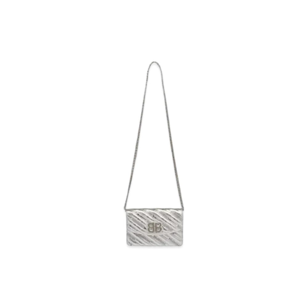 BALENCIAGA BB Metallic Gloss Chain Wallet "Gris"