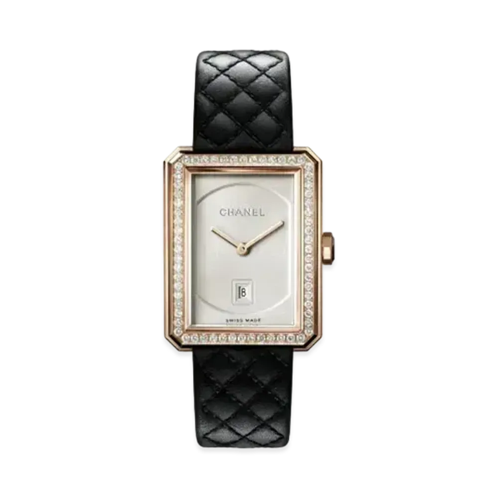 CHANEL Boy Friend Watch Medium Version and Diamonds Quilted Pattern Calfskin Strap and Second Strap Included "Beige Gold"