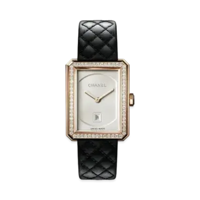 CHANEL Boy Friend Watch Medium Version and Diamonds Quilted Pattern Calfskin Strap and Second Strap Included "Beige Gold"