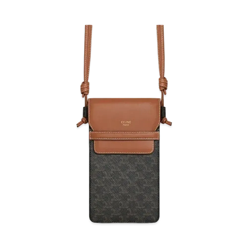 CELINE Phone Pouch With Flap In Triomphe Canvas And Lambskin "Tan"