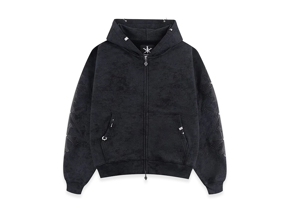 Unknown London Dagger Cross Leather Patch Zip Hoodie "Black"