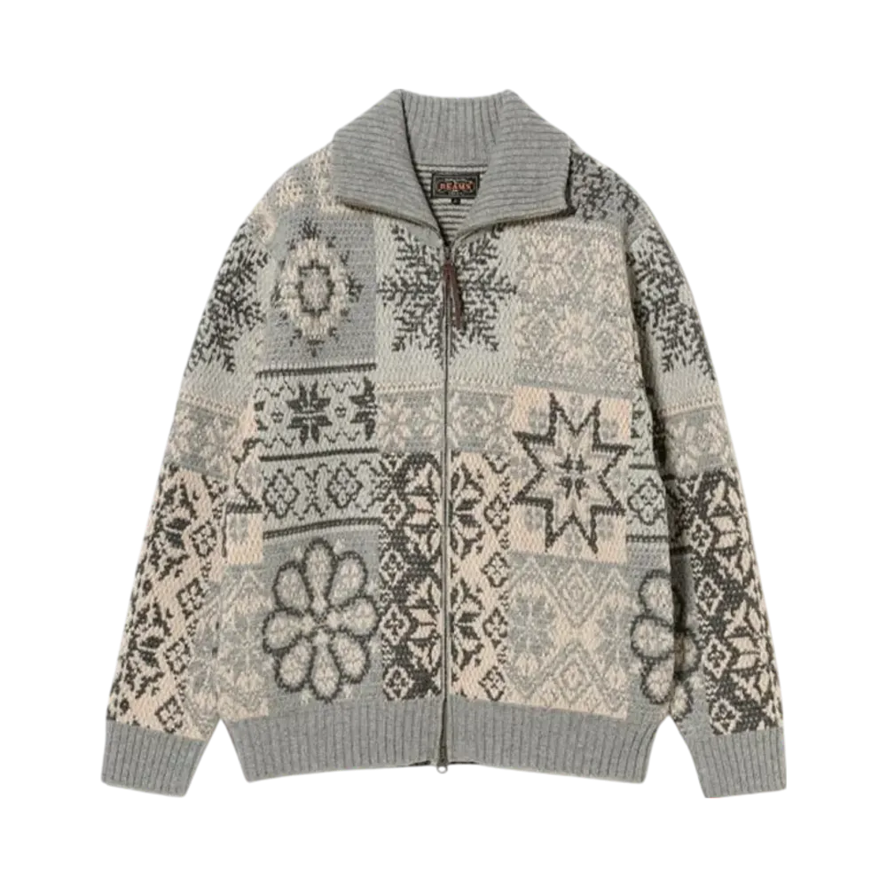BEAMS Zip Cardigan Double Jacquard Patchwork Like Pattern "Gray"