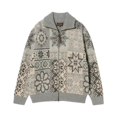 BEAMS Zip Cardigan Double Jacquard Patchwork Like Pattern "Gray"