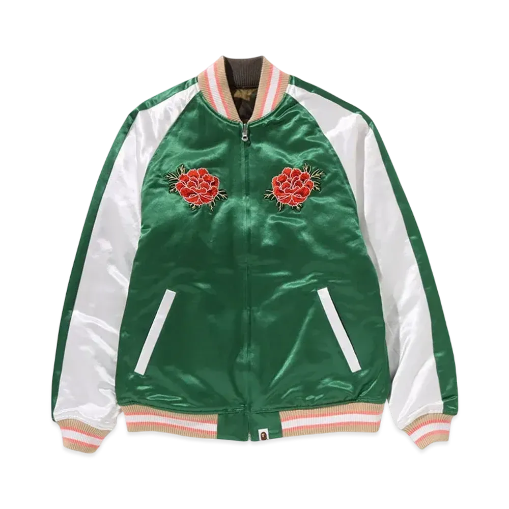 A BATHING APE Japanese Peony Embroidery Reversible Souvenir Jacket "Green"