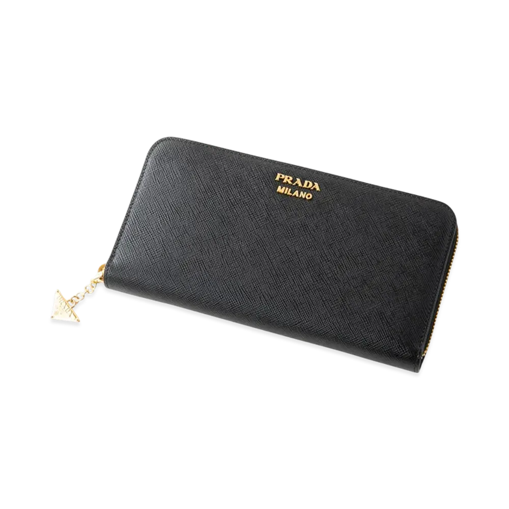 PRADA Saffiano Triangolo Metalharm Round Wallet "Black"
