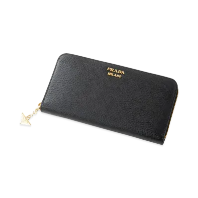 PRADA Saffiano Triangolo Metalharm Round Wallet "Black"