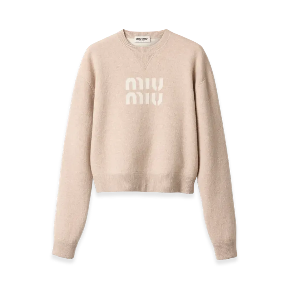 MIU MIU Women's Double Cashmere Sweater Logo "Sand Beige"