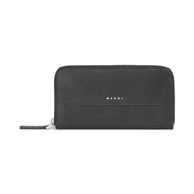 Marni Black Saffiano Leather Zip-Around Wallet "Black"