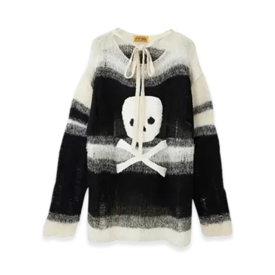 HYSTERIC GLAMOUR Skull Applique Crushed Striped Sweater "White"