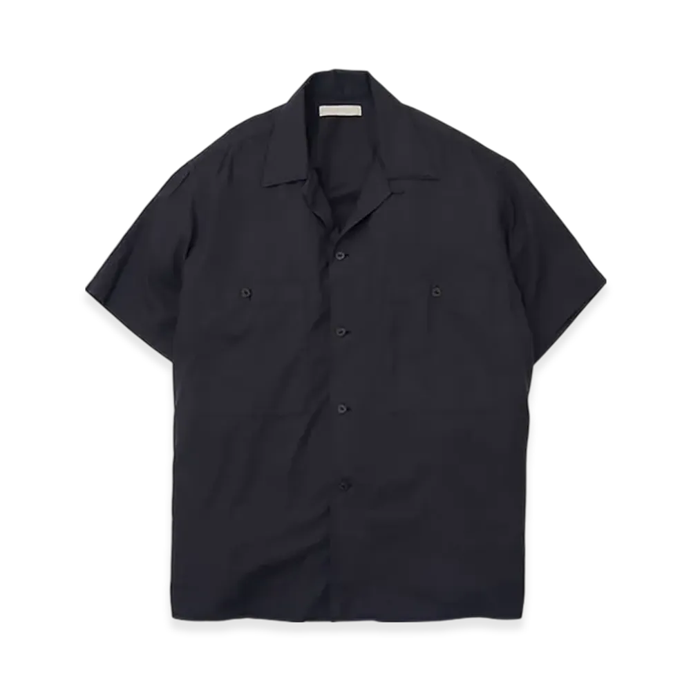YOKE Garmented Cotton Silk Twill Open Collar Shirt "Black"