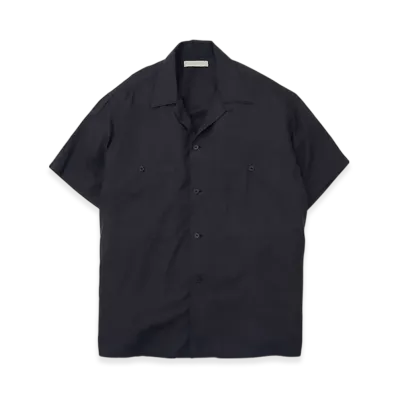 YOKE Garmented Cotton Silk Twill Open Collar Shirt "Black"