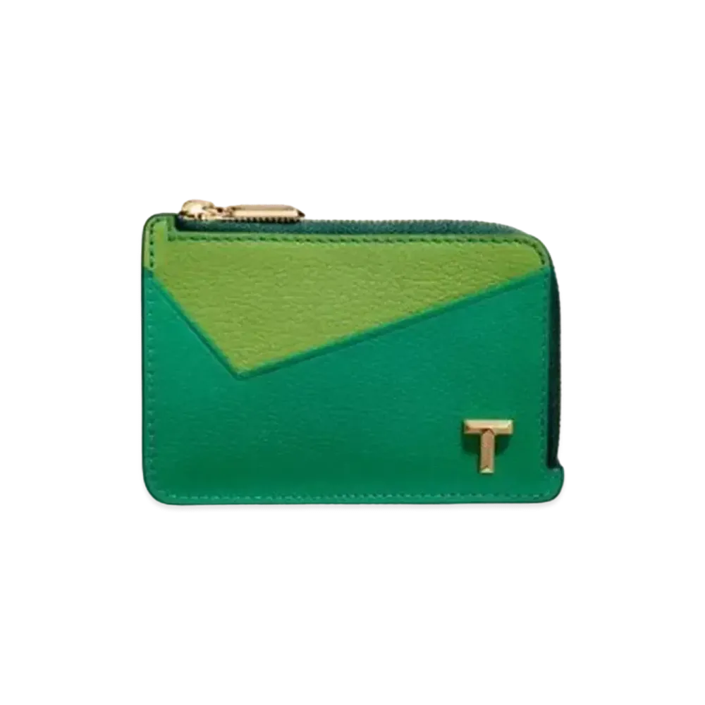 Tiffany & Co. Tiffany T Zip Card Case In Colorblock Leather "Emerald Green"