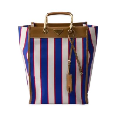 PRADA Large Printed Canvas and Leather Tote Bag "Blue/Camel"
