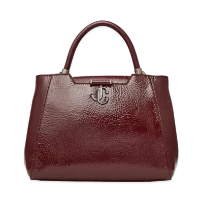 Jimmy Choo Varenne Top Handle M Patent Textured Leather Top Hundle Bag With JC Logo "Gunmetal/Merlot"