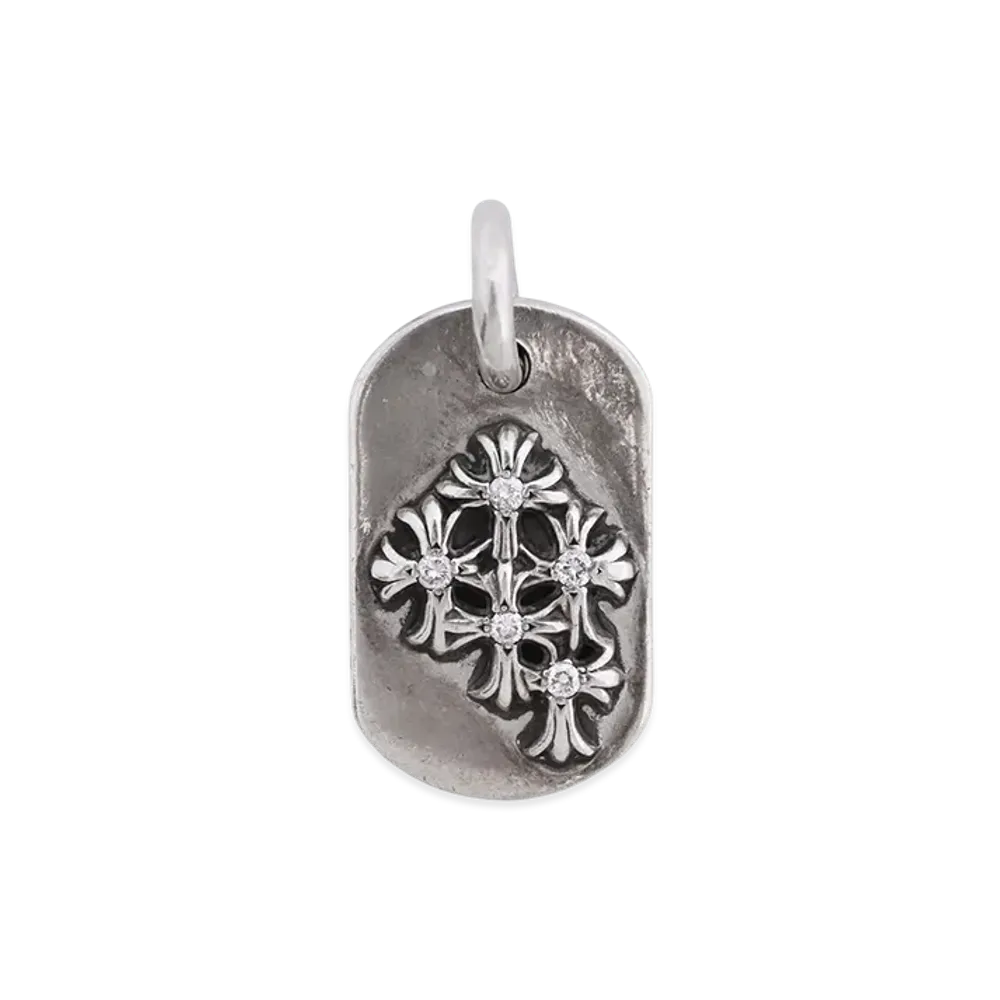 Chrome Hearts Raised Cemetery Cross Dog Tag Pave Diamond "Silver"