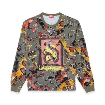Diesel Cl-T-Boxt-LS-Devor-Snake Destroyed Snake-Print Long-Sleeve T-Shirt "Olive Green"