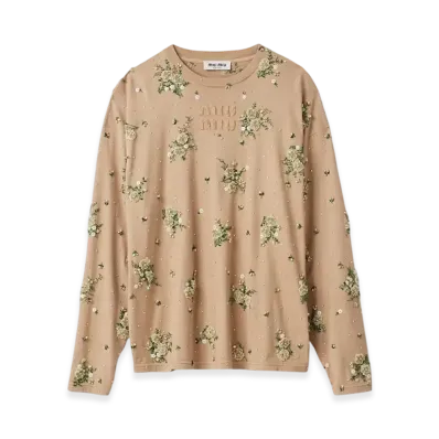 MIU MIU Women's Garment Dyed Long Sleeve Jersey T-Shirt with Embroidery "Cord"