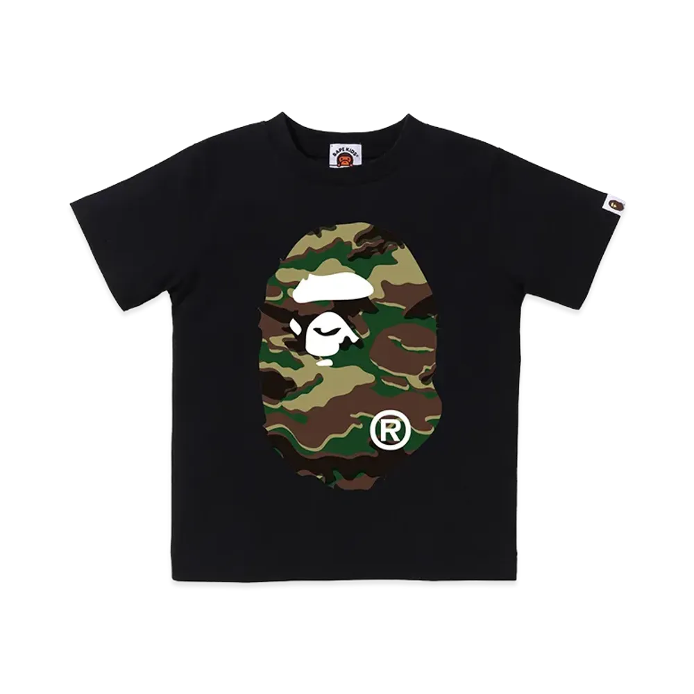 A BATHING APE Kids Glitch Woodland Camo Big Ape Head Tee "Black/Green"