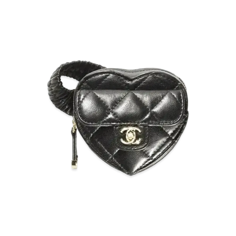 CHANEL Heart Shape Zip Arm Coin Purse Lambskin "Black"