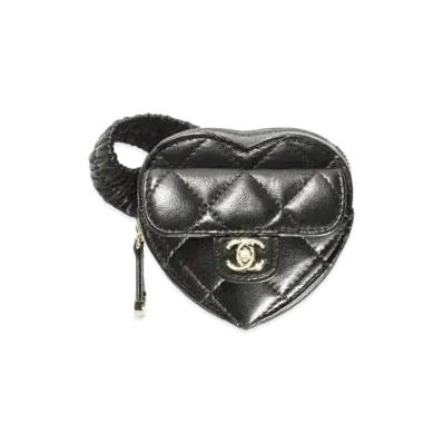 CHANEL Heart Shape Zip Arm Coin Purse Lambskin "Black"