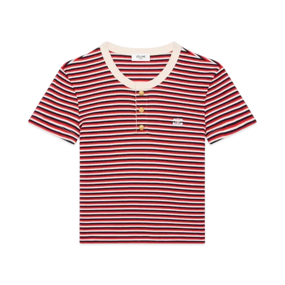 CELINE Women's Triomphe T-Shirt in Striped Jersey "Navy/Red/Off White"