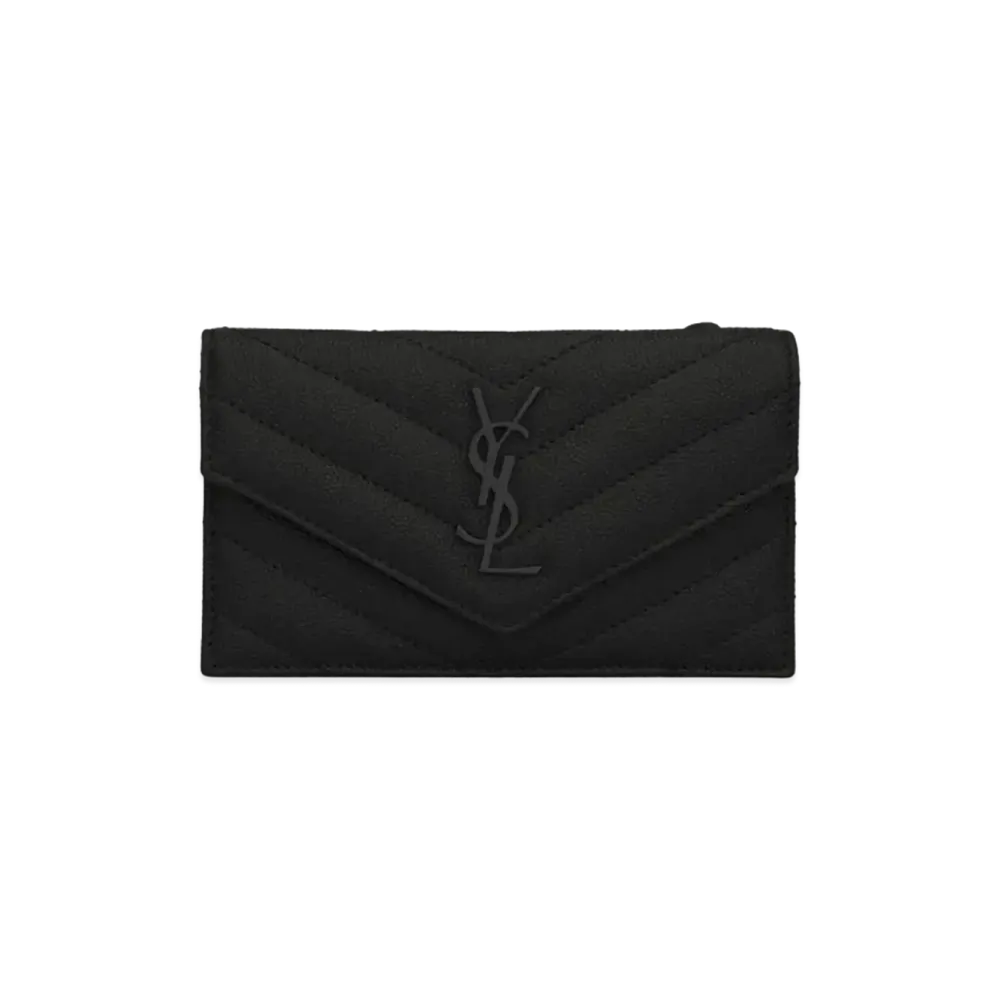 SAINT LAURENT Monogram Fragments Flap Card Case In Quilted Grain De Poudre Embossed Leather "Black"