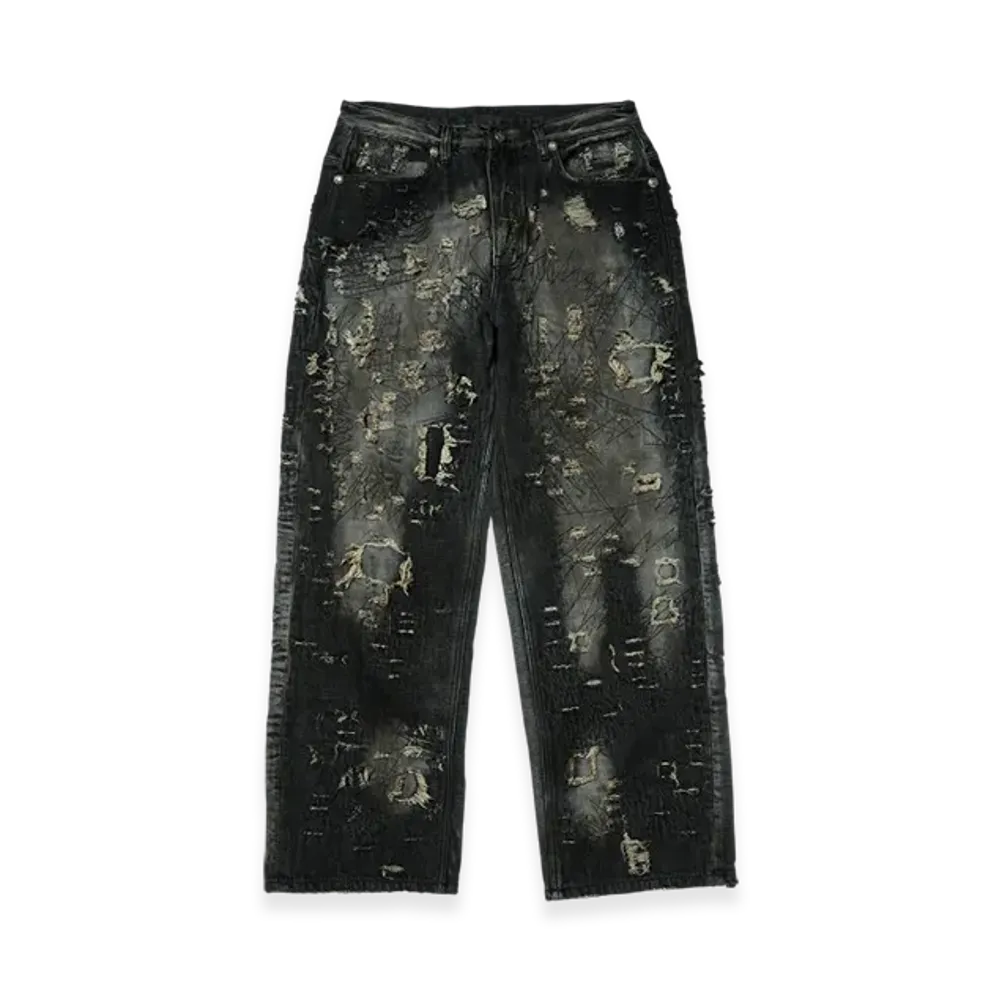 THUG CLUB Hard-Washed Damaged Denim Pants "Black"