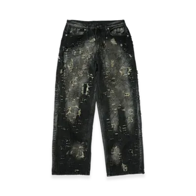 THUG CLUB Hard-Washed Damaged Denim Pants "Black"