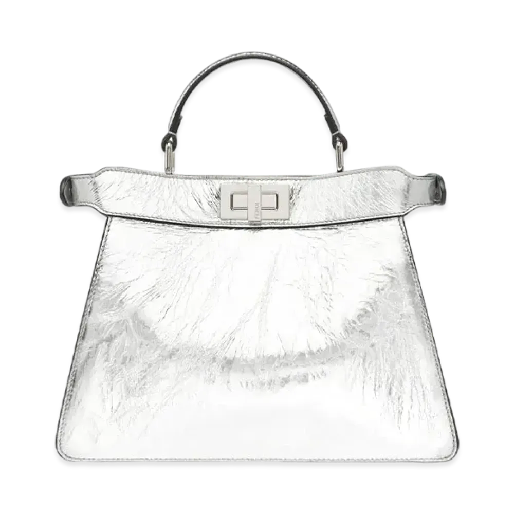 FENDI Peekaboo I See You Small Laminate Leather Bag "Silver" 