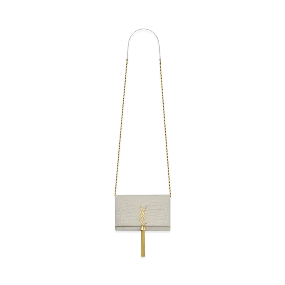 Saint Laurent Kate Chain Wallet With Tassel In Crocodile-Embossed Shiny Leather "Vintage White"
