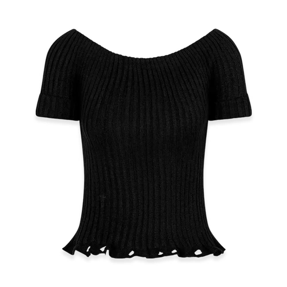 Dior Women's Short-Sleeved Sweater Linen Cashmere Silk Ribbed Knit "Black"