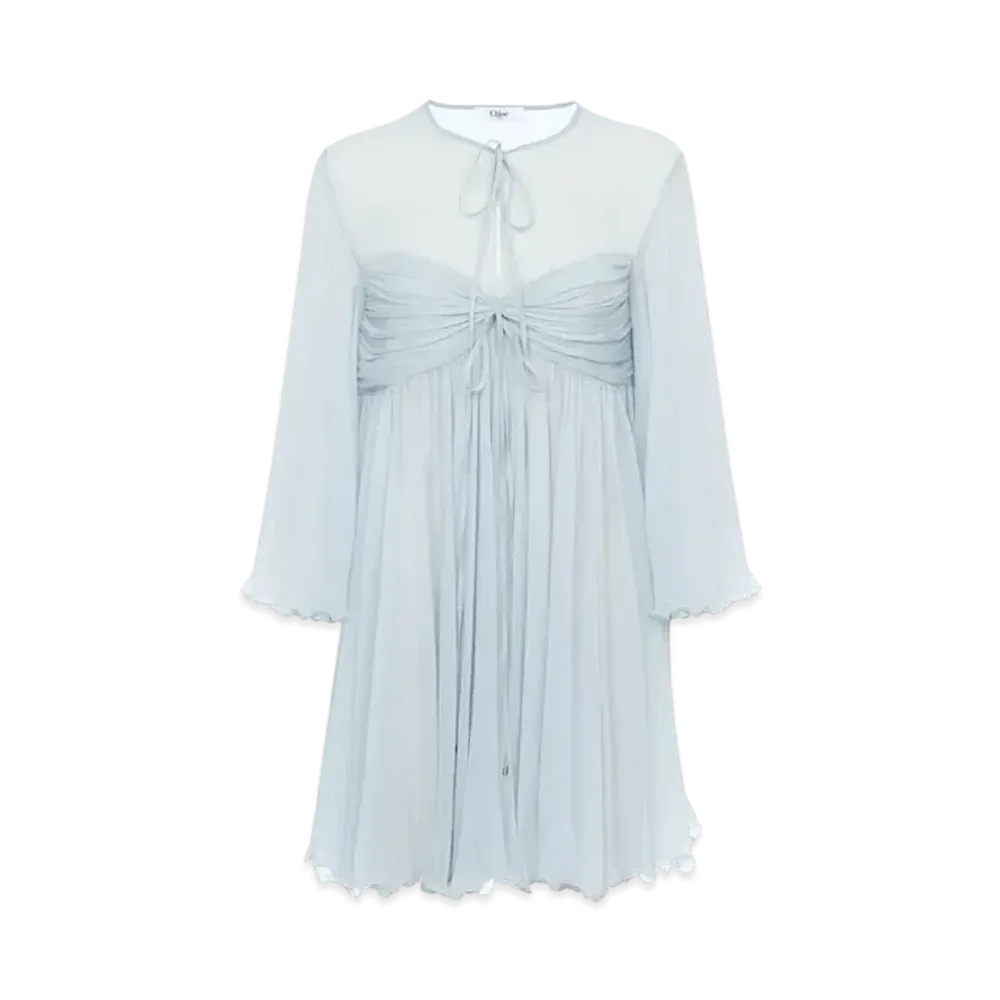 Chloe Pleated Mini Dress In Silk Mousseline "Airy Grey"