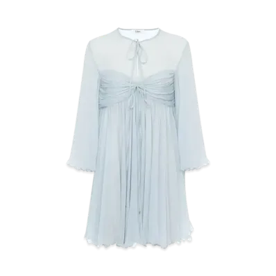 Chloe Pleated Mini Dress In Silk Mousseline "Airy Grey"