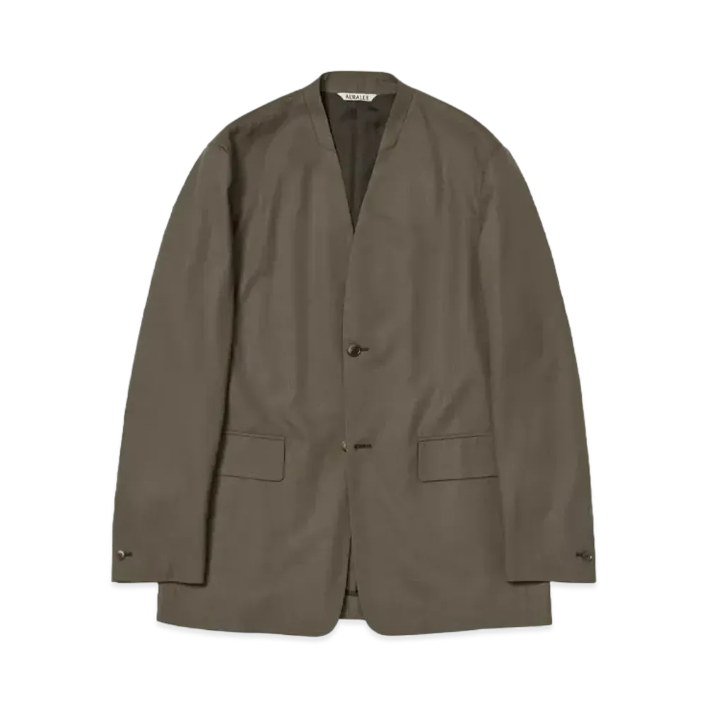 AURALEE Super Fine Tropical Wool No Collar Jacket "Dark Khaki"