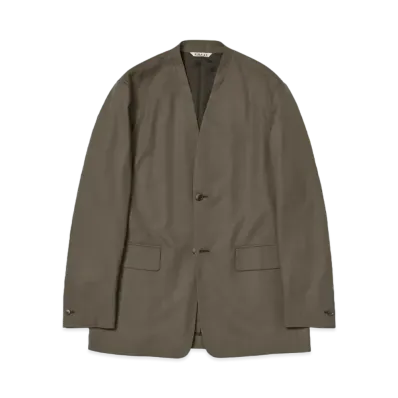 AURALEE Super Fine Tropical Wool No Collar Jacket "Dark Khaki"