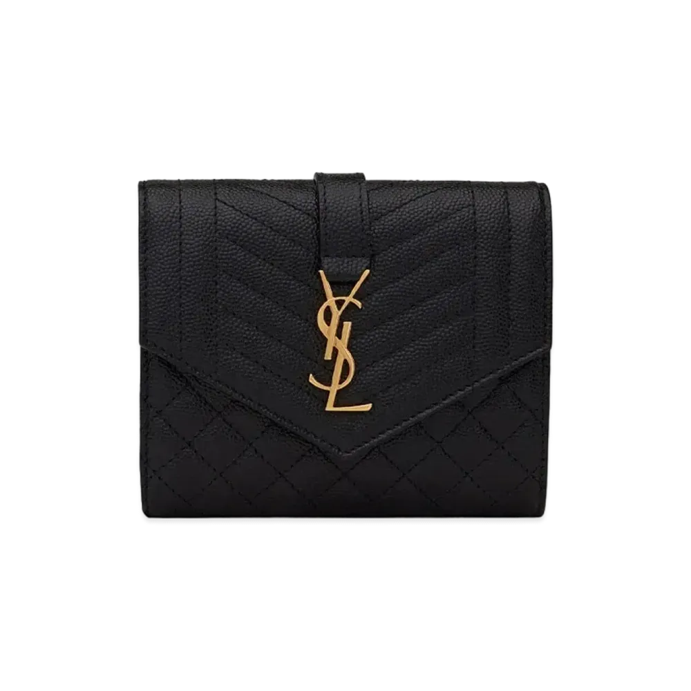 SAINT LAURENT Envelope Compact Tri Fold Wallet In Mix Matelasse Grain De Poudre Embossed Leather "Black"