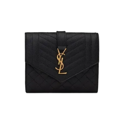 SAINT LAURENT Envelope Compact Tri Fold Wallet In Mix Matelasse Grain De Poudre Embossed Leather "Black"