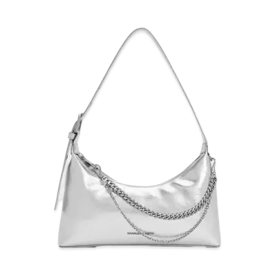 CHARLES & KEITH Atwood Crinkle Effect Chain Embellished Hobo Bag "Silver"
