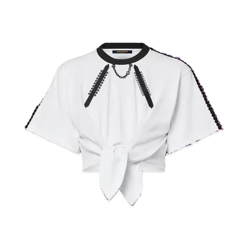 Louis Vuitton Women's Graphic Lace Embroidery Self-Tie T-Shirt "Milk White"